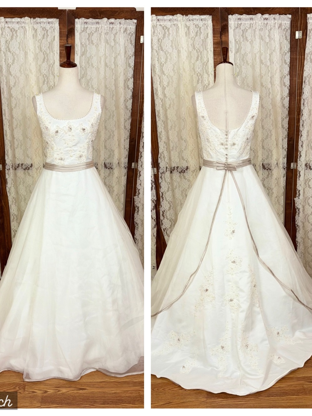 Gorgeous Mori Lee Organza Taupe Satin Trim Wedding Gown